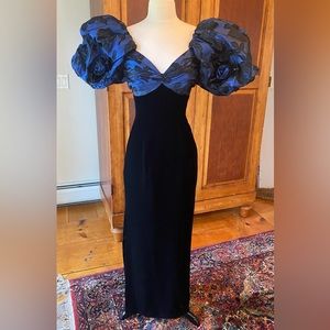 1980s Eugene Alexander Avant Garde Blue + Black Vintage 80s Full Length Dress S